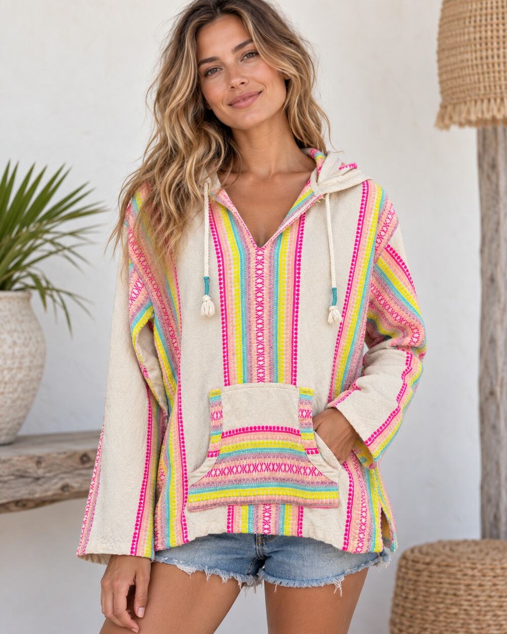Beach by Exist Baja Hoodie Womens M Neon Stripe 100% Cotton Boho Pullover